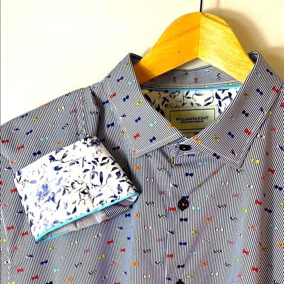 Luchiano Visconti Navy White Striped Multicolor Bow-Tie Print Dress Shirt XXL - Picture 1 of 15